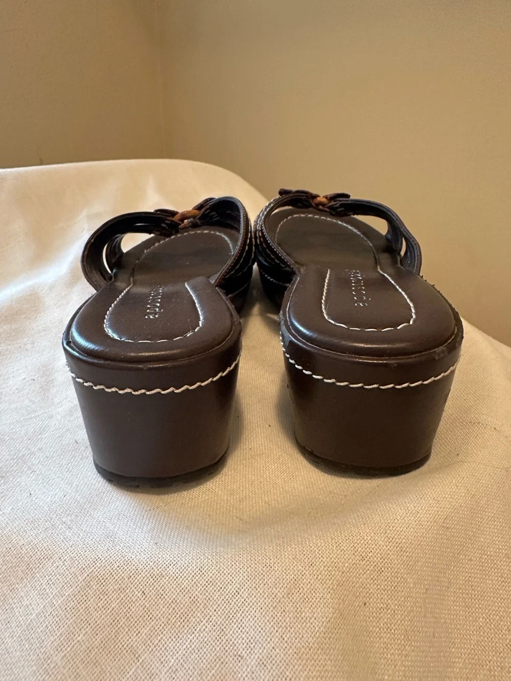 Y2K Apostrophe Sonya Brown Leather Wedge Slide Sandals 7 Boho 90s Chunky Grunge